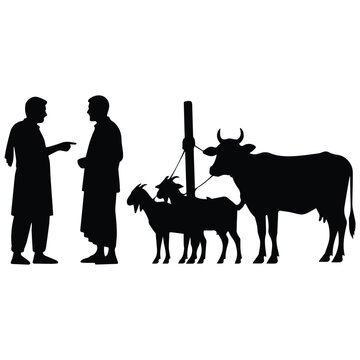 Muslim men negotiating at cattle market for sacrificial animal silhouette