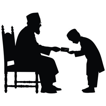 Elderly man giving eidi envelope to child silhouette for Eid celebration