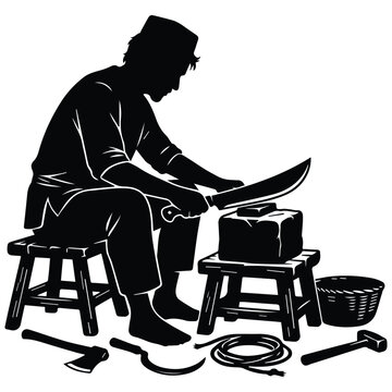 Man sharpening knife for sacrificial ritual silhouette with qurbani tools