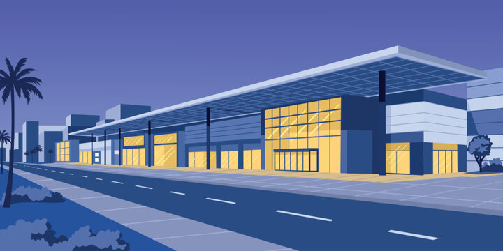 Modern Shopping Mall Exterior at Night Illustration. Urban Storefront Night Illustration. Retail Store with Night Lights. Convenience Store at Night Illustration