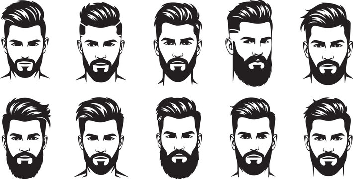 Black and white men's facial hairstyles, beard and mustache vector icons, 10 styles, facial hair designs