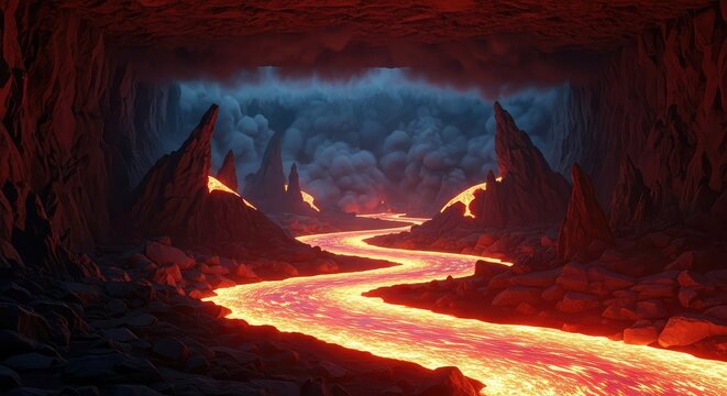 A vast underground underworld featuring glowing lava rivers, jagged volcanic rock formations, and dense smoke under a dark atmospheric sky, background, black, scorched