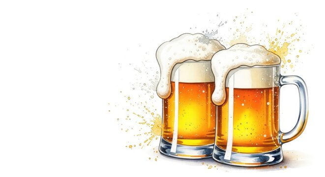 A vibrant watercolor painting of two frothy beer mugs filled with golden ale, featuring artistic splashes and textures on a white background, pub, refreshment, celebration