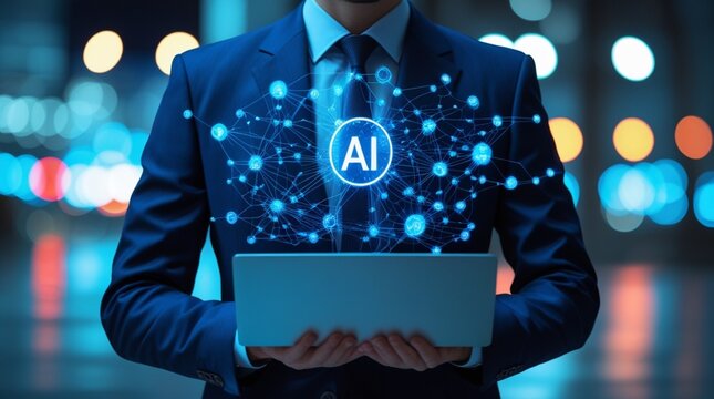 Business professional in navy blue suit on laptop, transparent AI hologram neural network visualization, blue neon glow, bokeh background, photorealistic.