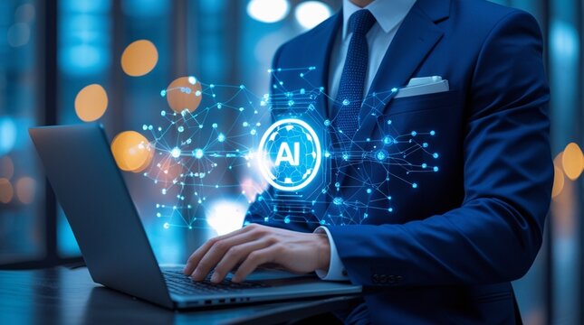 Business professional in navy blue suit on laptop, transparent AI hologram neural network visualization, blue neon glow, bokeh background, photorealistic.