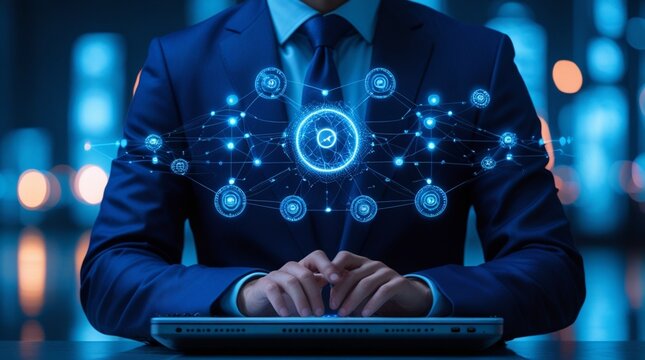 Business professional in navy blue suit on laptop, transparent AI hologram neural network visualization, blue neon glow, bokeh background, photorealistic.