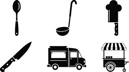 Street food truck with cart kitchen utensils and chef hat silhouette vector illustration art. © MDRAYHAN