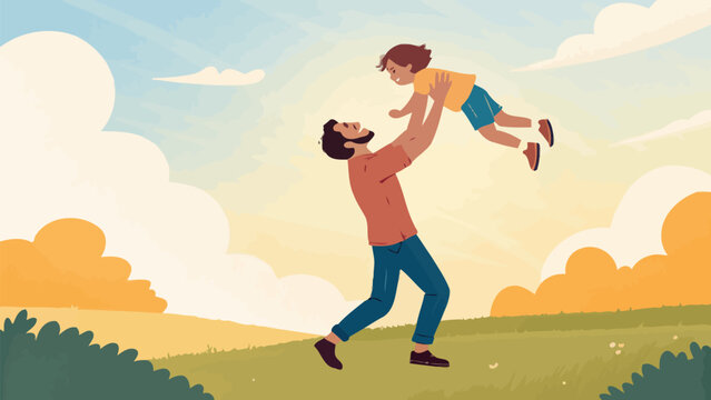 Loving father lifting his happy child high up in the air during a sunny day in a peaceful green meadow with soft clouds and warm light for family bonding