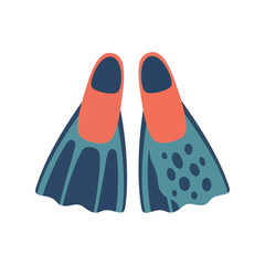 Pair of blue and orange swimming flippers for snorkeling and scuba diving activities in a simple flat vector illustration © azad
