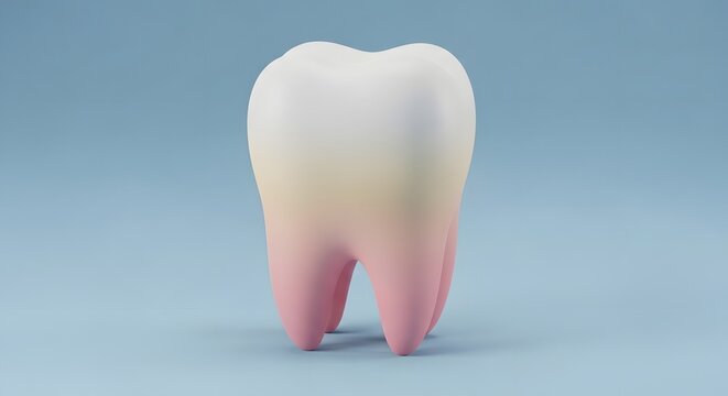 3D illustration of a human tooth with yellowing stains. Dental plaque accumulation and poor oral hygiene symptoms. Damaged unhealthy molar standing upright against a blue background.