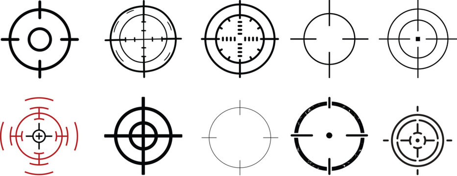 Collection black white target crosshair icons, goals accuracy focus selection, target destination icon set, aim sniper shoot group, focus cursor bull eye mark, gun target, archery target arrow