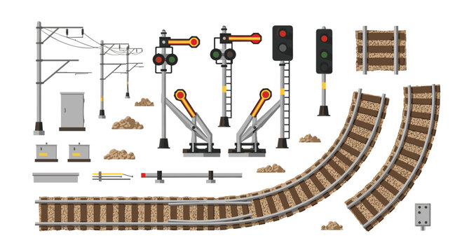 An organized collection of isometric railway components such as signal lights, electrical power poles, gravel piles, and curved track pieces is set on white.