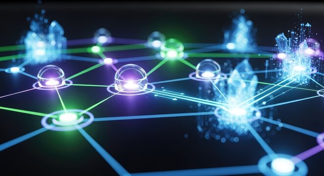 An abstract glowing digital network features interconnected nodes and lenses representing the constant flow of private data into storage, observation, pattern, internet
