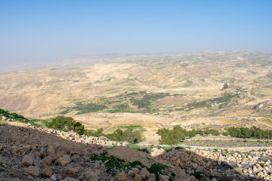 Mount Nebo in Jordan. Abarim mountain range, Mount Nebo the place where Moses was granted a view of the Promised Land. Panorama of the West Bank across the Jordan River valley