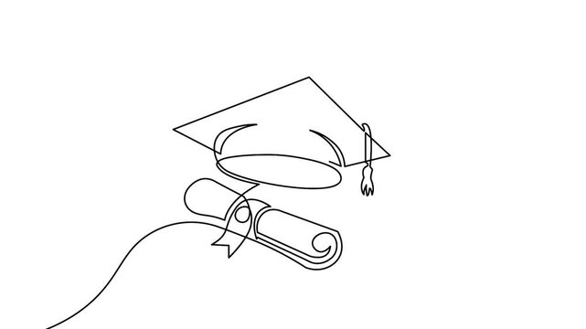 Single line graduation cap and diploma 4K animation continuous line art education success concept
