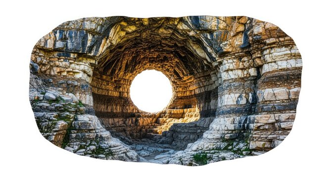 Ancient stone cavern with a natural circular hole, showcasing rocky textures and deep shadows, isolated on a pure white backdrop for design, grotto, exterior, white background