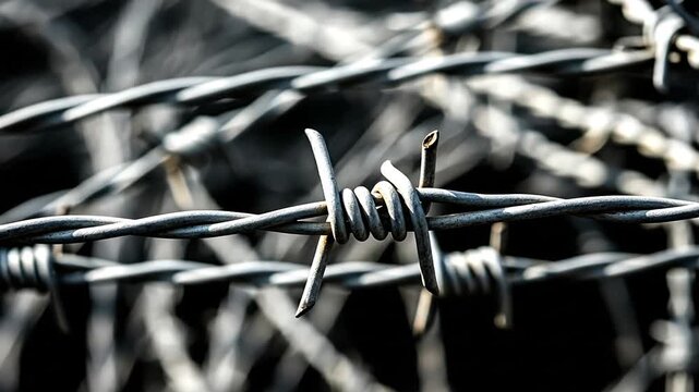 Close-up of barbed wire fence against a dark background