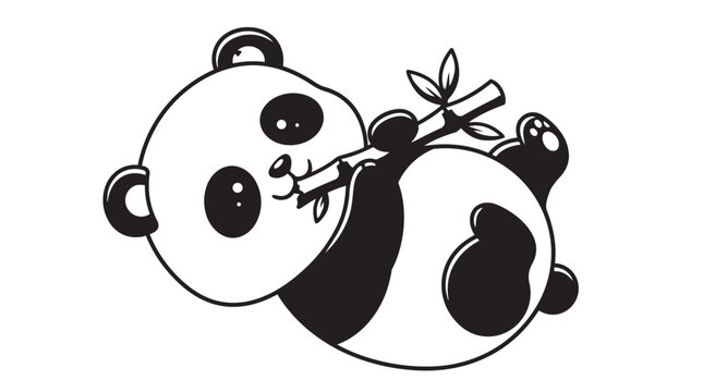 Cute baby panda bear lying down eating bamboo shoot illustration with wildlife