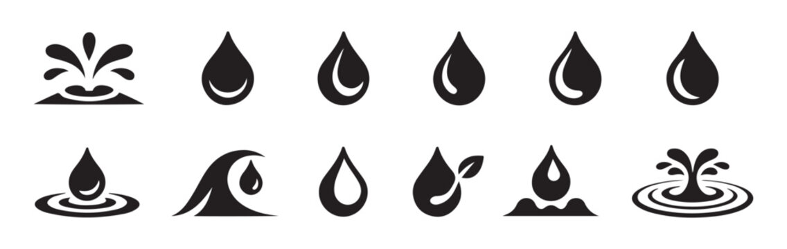 Set of various water drop icons, vector illustration. water splash, wave and dew drops.