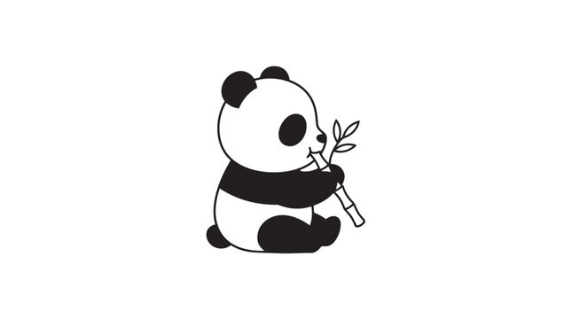 Cute baby panda bear sitting down and eating small bamboo stick illustration