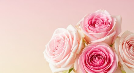 Fototapeta premium Elegant pink roses in full bloom with soft petals resting against a smooth pastel gradient background, creating a serene romantic mood, light, delicate, gradient