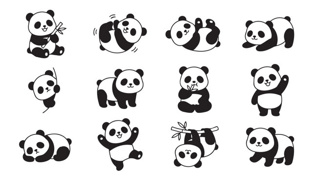 Set of cute baby panda bears in various poses and actions illustration pack