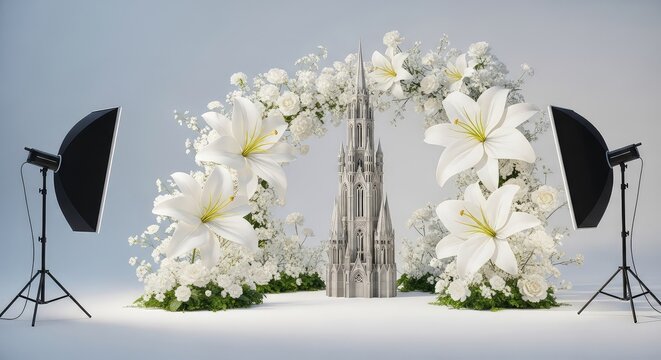 Elegant photography set featuring oversized white floral blooms and a majestic miniature tower within a bright and airy studio interior, bright, petal, craft