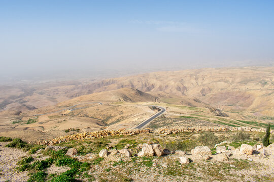 Mount Nebo in Jordan. Abarim mountain range, Mount Nebo the place where Moses was granted a view of the Promised Land. Panorama of the West Bank across the Jordan River valley