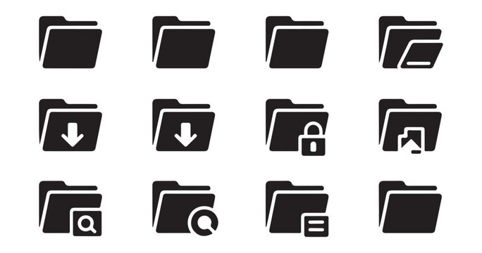 Twelve dark folder icons for digital desktop environments depicting common file operations and tools.