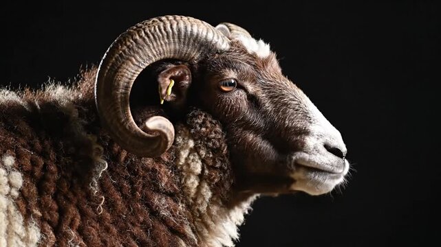 Close up of ram profile with curly horns and brown and white wool