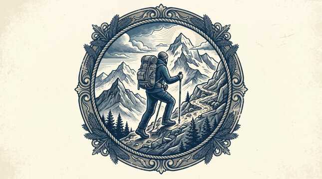 Hiker ascending mountain ridge engraved illustration adventure concept