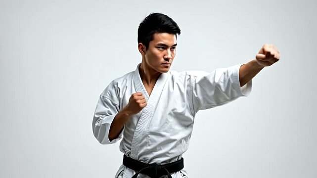 A man in a white karate uniform with a black belt assumes a fighting stance.