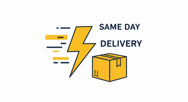 Same Day Delivery Icon with Lightning Bolt and Cardboard Box Parcel for Fast Shipping Logistics