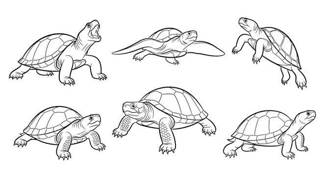 Turtle set, hand-drawn vector illustrations of various tortoise poses