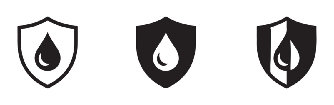 Collection of shield and water drop icons for waterproof technology certification and safety labels.