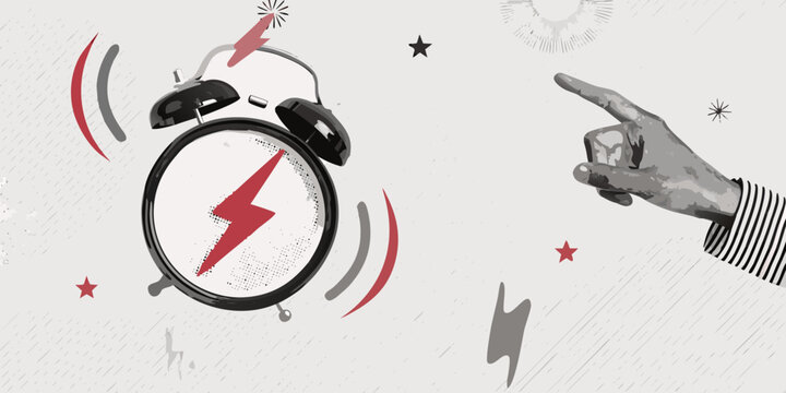 Alarm clock illustration with ringing sound and pointing hand