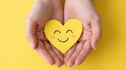 Obraz premium World mental health day hands holding a smiling yellow heart promoting wellbeing