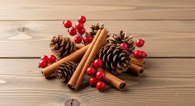 Festliche weihnachtliche Dekoration mit aromatischen Zimtstangen, nat&uuml;rlichen Tannenzapfen und roten Beeren auf einem rustikalen Holztisch, Kiefernzapfen, Arrangement, Zimtstangen