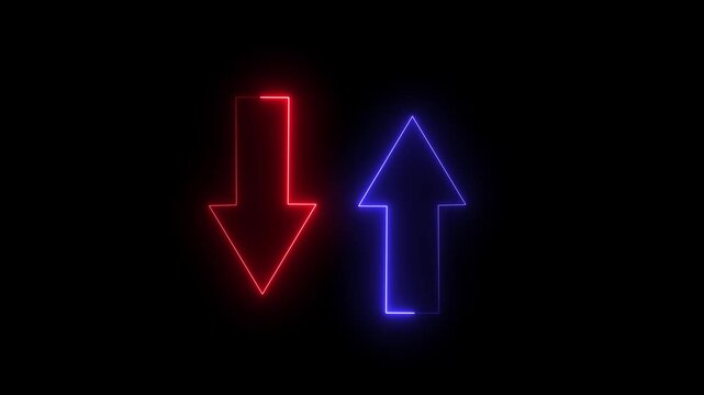 Abstract neon double arrow up and down animation on black background 4k animation video.