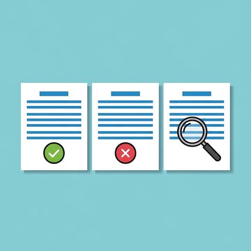 Three checkmark cross and magnifying glass icons on documents with blue lines on white paper isolated on cyan background