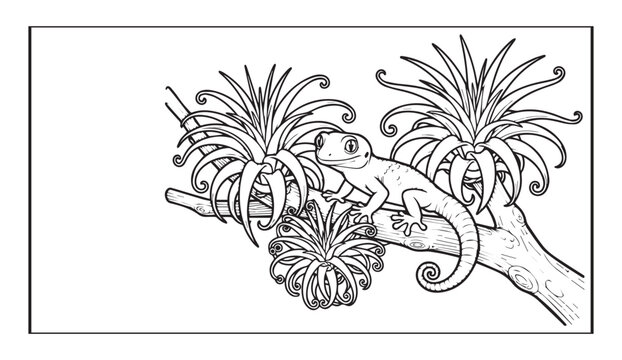 Gecko lizard cartoon style black outline vector illustration coloring page for kids, Beautiful reptile animal coloring book for all
