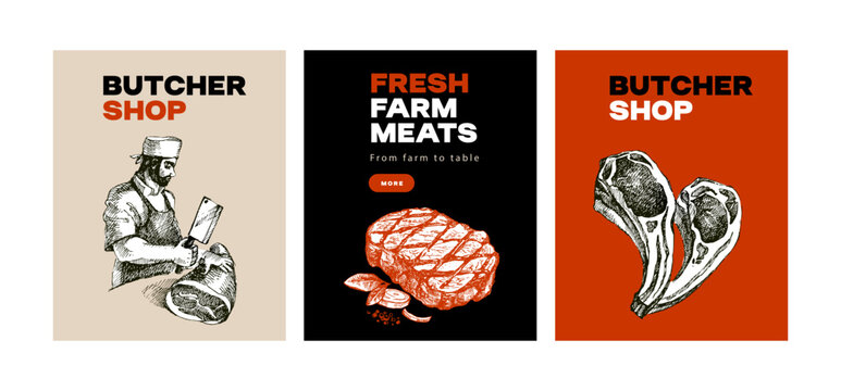 Hand drawn sketch meat butcher shop posters. Vector vintage collage illustration. Menu poster design set