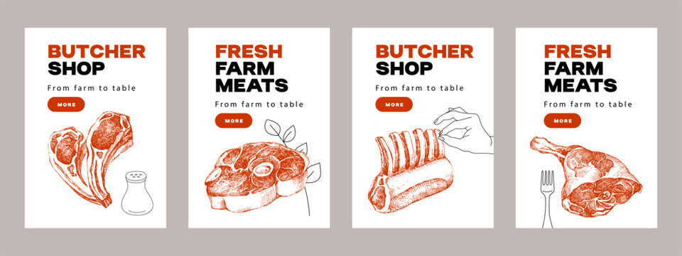 Hand drawn sketch meat butcher shop posters. Vector vintage collage illustration. Menu poster design set