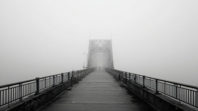 Lone figure walks across a foggy bridge towards a distant tower