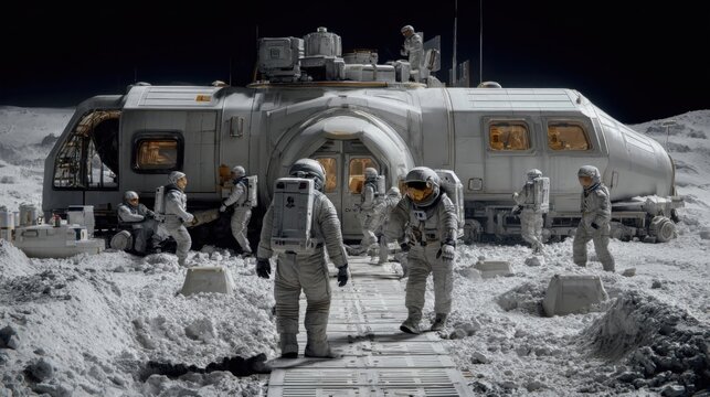 Astronauts explore lunar surface near futuristic habitat and rover