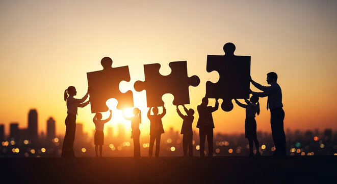 Silhouette of a team of people assembling jigsaw puzzle pieces together against a sunset cityscape backdrop, symbolizing teamwork and collaboration for achieving a common goal