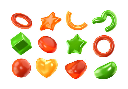 Set of 3d marmalades. Abstract jelly elements, glossy, playful and multicolored geometric shapes. Cartoon chewy objects. Vector illustration. Inflated blobs and squiggles. Joyous stickers collection.