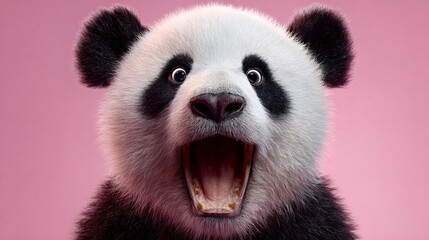 Fototapeta premium Panda bear portrait showing a surprised or shocked expression with its mouth wide open and eyes looking directly forward, set against a vibrant pink background