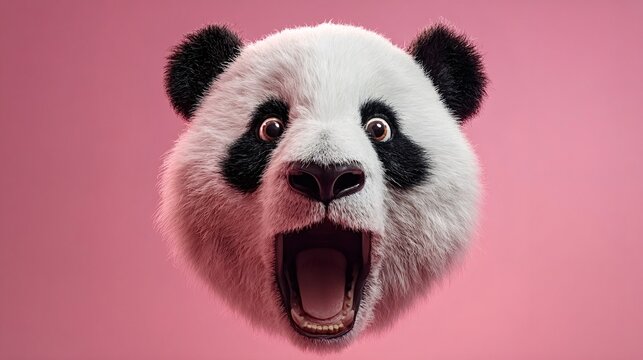 Panda bear head with a furry texture displaying a wide open mouth and wide eyes against a bright pink background, conveying an expression of surprise, shock, or a loud scream