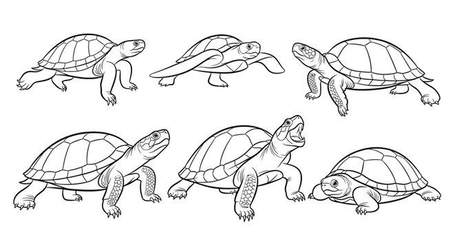 Turtles Line Art Set: Diverse Poses & Angles for Educational Design